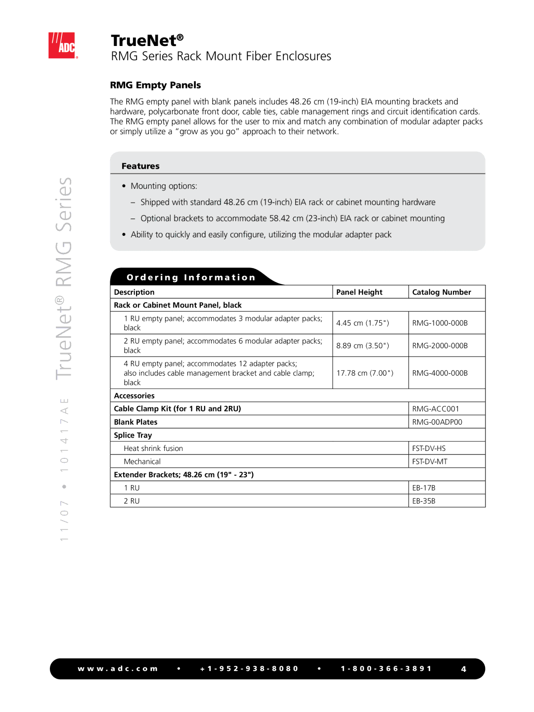 ADC RMG Series manual RMG Empty Panels, Accessories Cable Clamp Kit for 1 RU and 2RU, Blank Plates, Splice Tray 