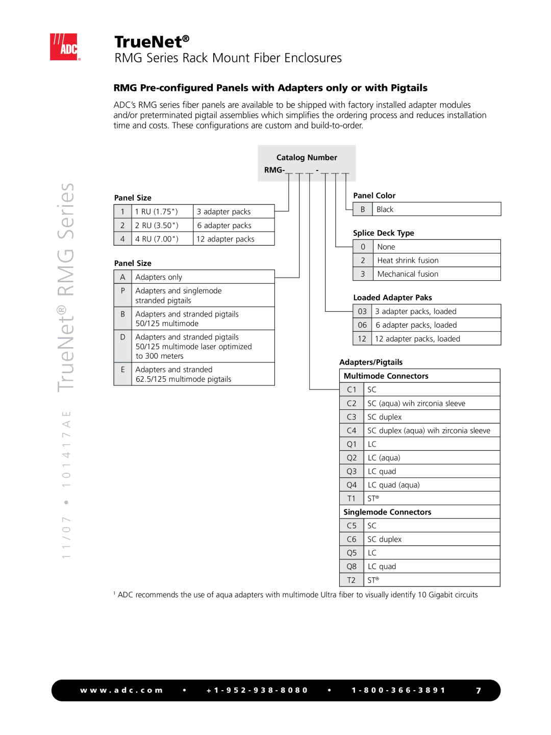 ADC RMG Series manual Catalog Number RMG Panel Size Panel Color, Splice Deck Type, Loaded Adapter Paks, Adapters/Pigtails 