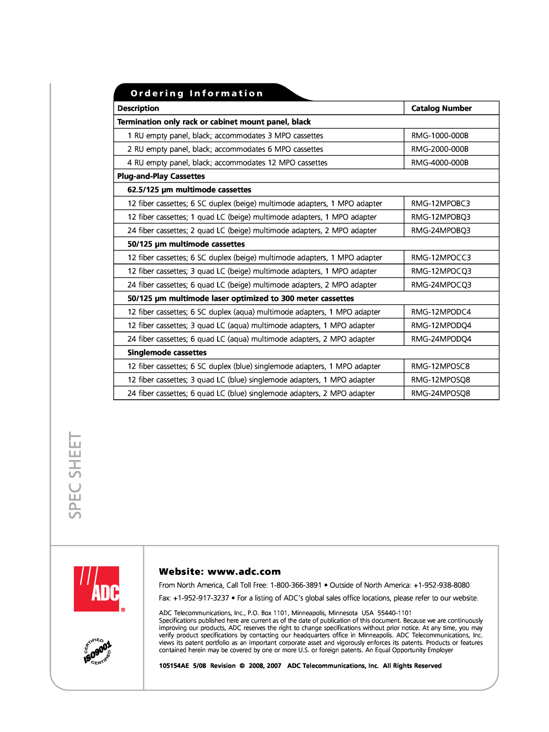 ADC RMG manual Spec Sheet, O r d e r i n g I n f o r m a t i o n, Description, Catalog Number, Plug-and-PlayCassettes 