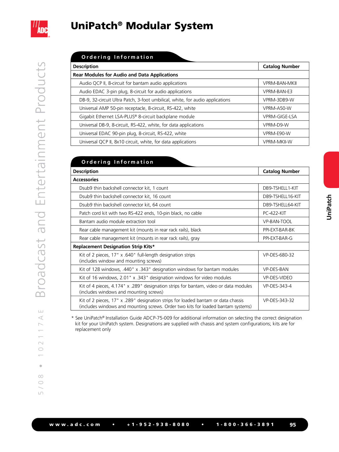 ADC RS-422 manual Description Catalog Number Accessories, Replacement Designation Strip Kits 