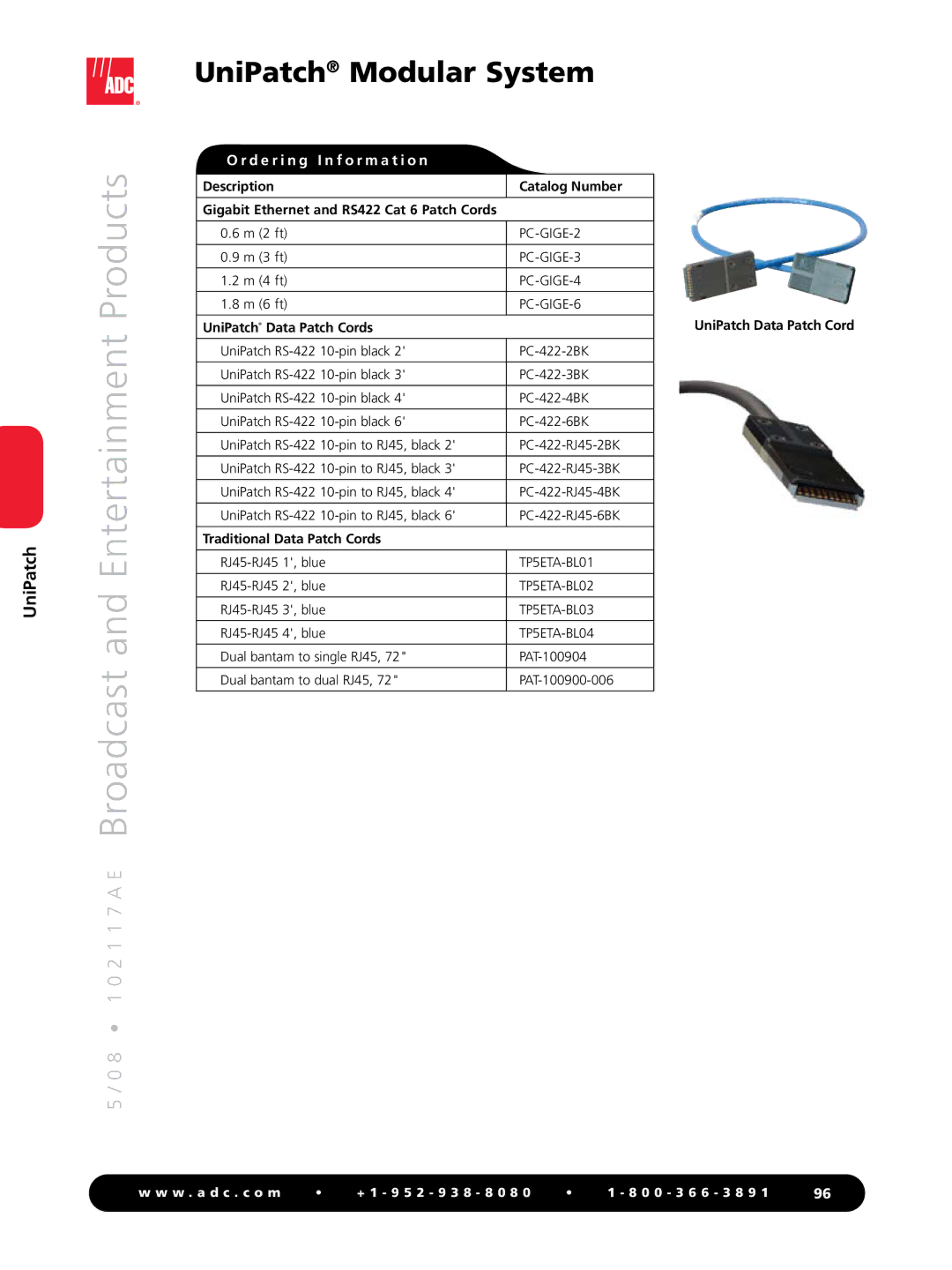 ADC RS-422 manual UniPatch Data Patch Cords, Traditional Data Patch Cords 