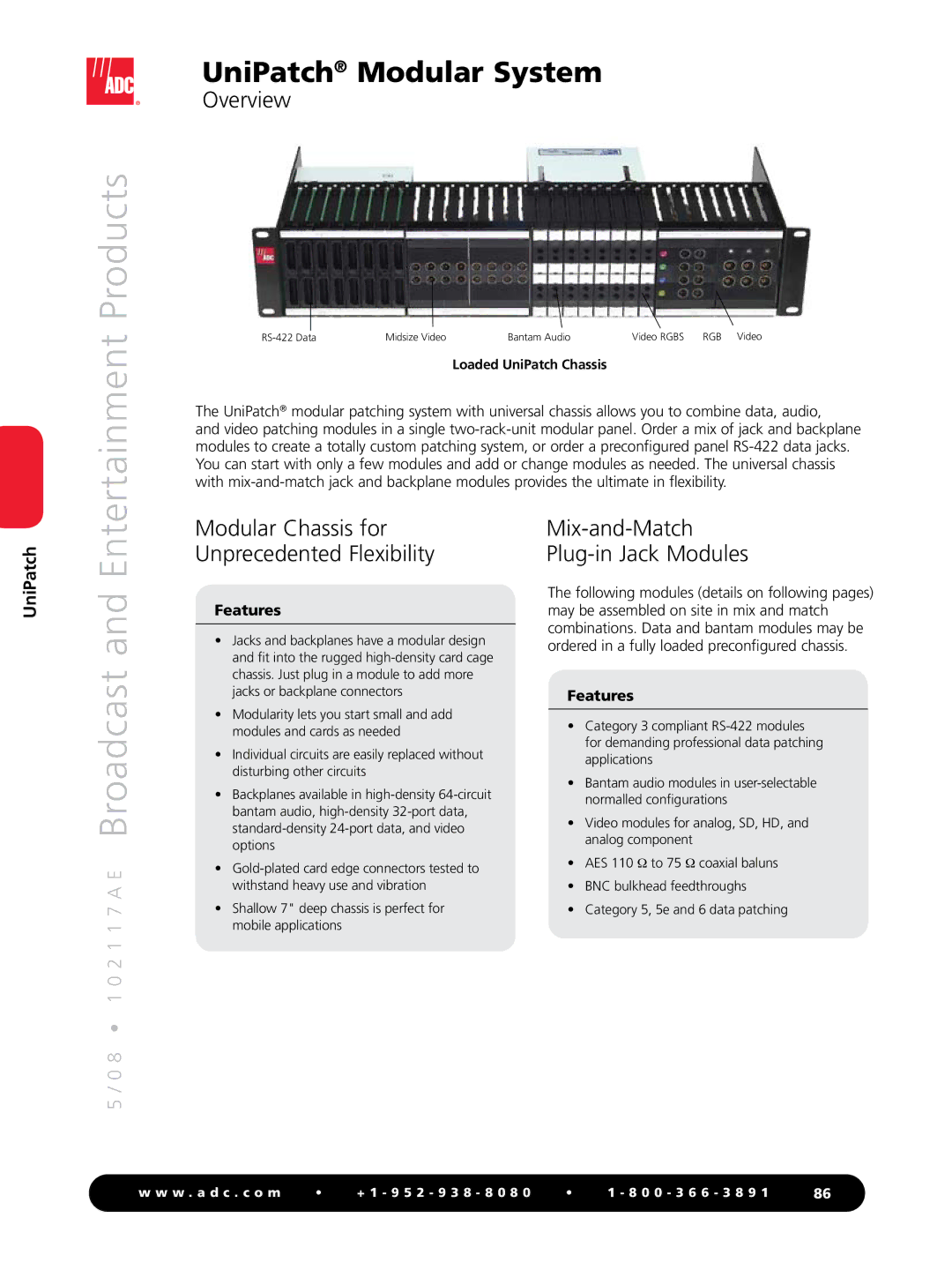 ADC RS-422 manual EntertainmentProducts, Broadcast, Overview, Mix-and-Match Plug-in Jack Modules, Loaded UniPatch Chassis 