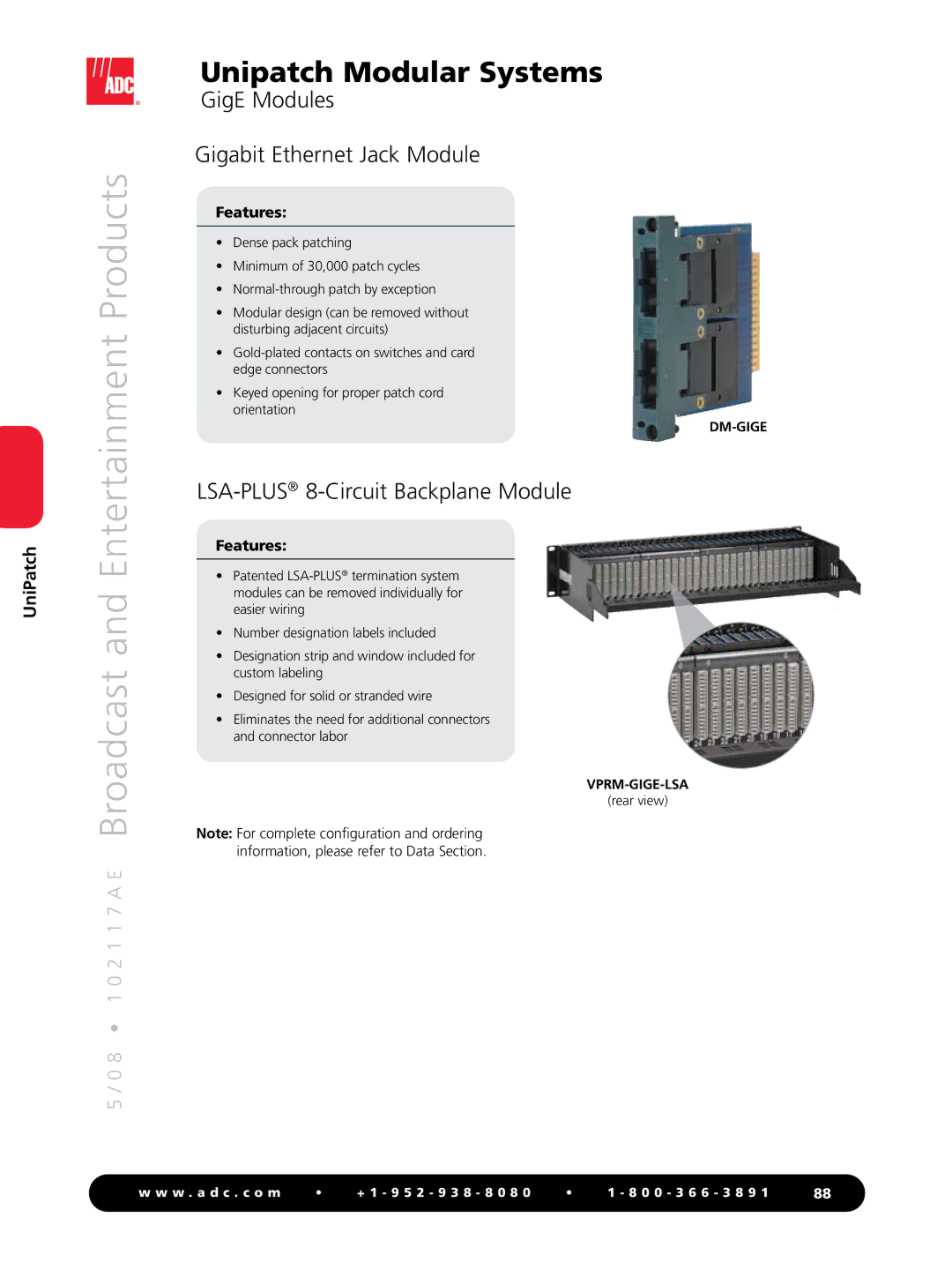 ADC RS-422 manual Entertainment Products, GigE Modules Gigabit Ethernet Jack Module, LSA-PLUS8-Circuit Backplane Module 