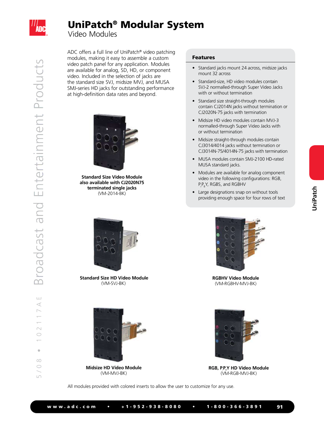 ADC RS-422 manual Broadcast and Entertainment Products, Video Modules 