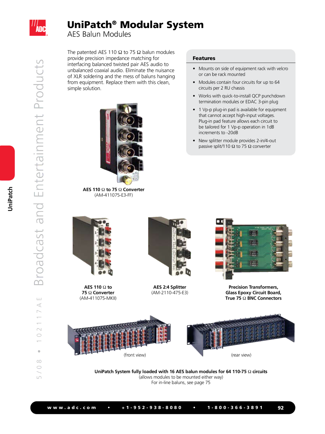 ADC RS-422 manual AES Balun Modules, AES 110 W to 75 W Converter, AM-411075-MKII 