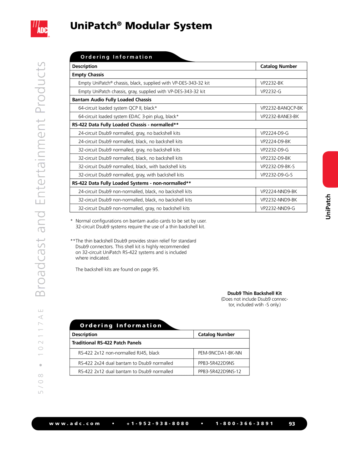 ADC RS-422 manual Description Catalog Number Empty Chassis, Bantam Audio Fully Loaded Chassis 