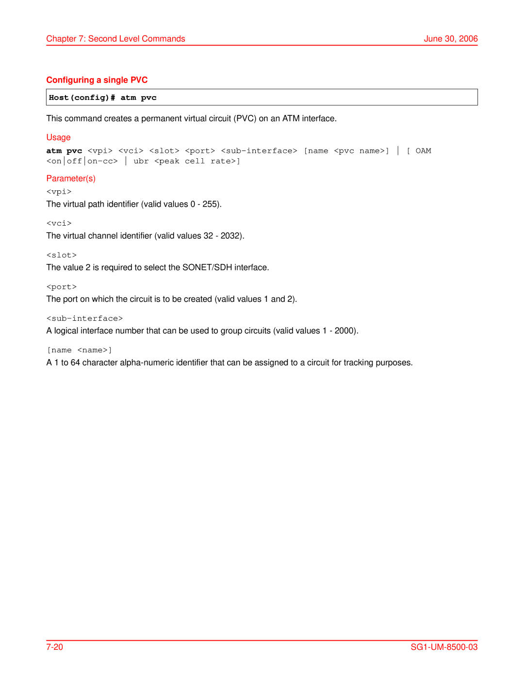 ADC SG-1 user manual Configuring a single PVC, Hostconfig# atm pvc, Vpi, Vci, Name name 