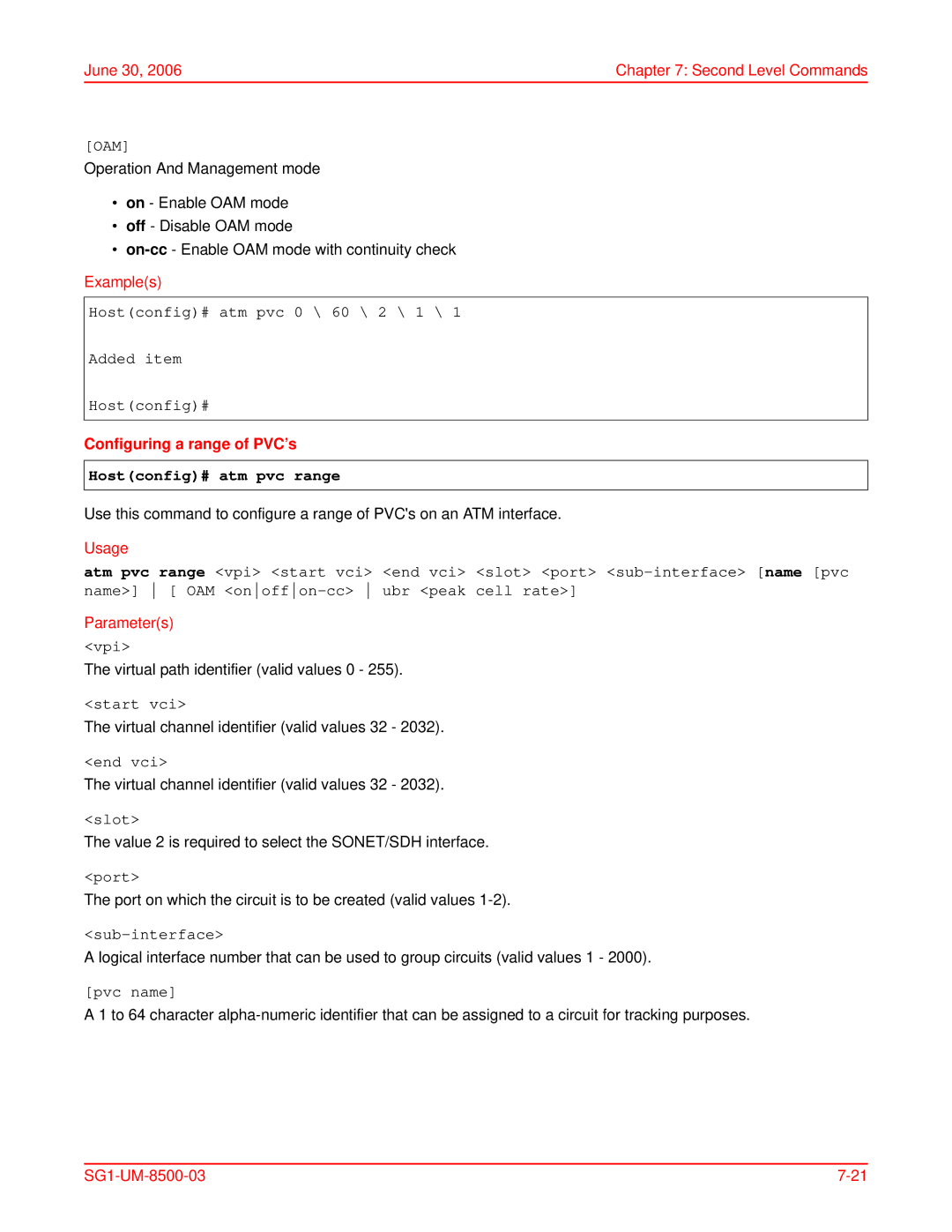 ADC SG-1 user manual Configuring a range of PVC’s, Hostconfig# atm pvc range 