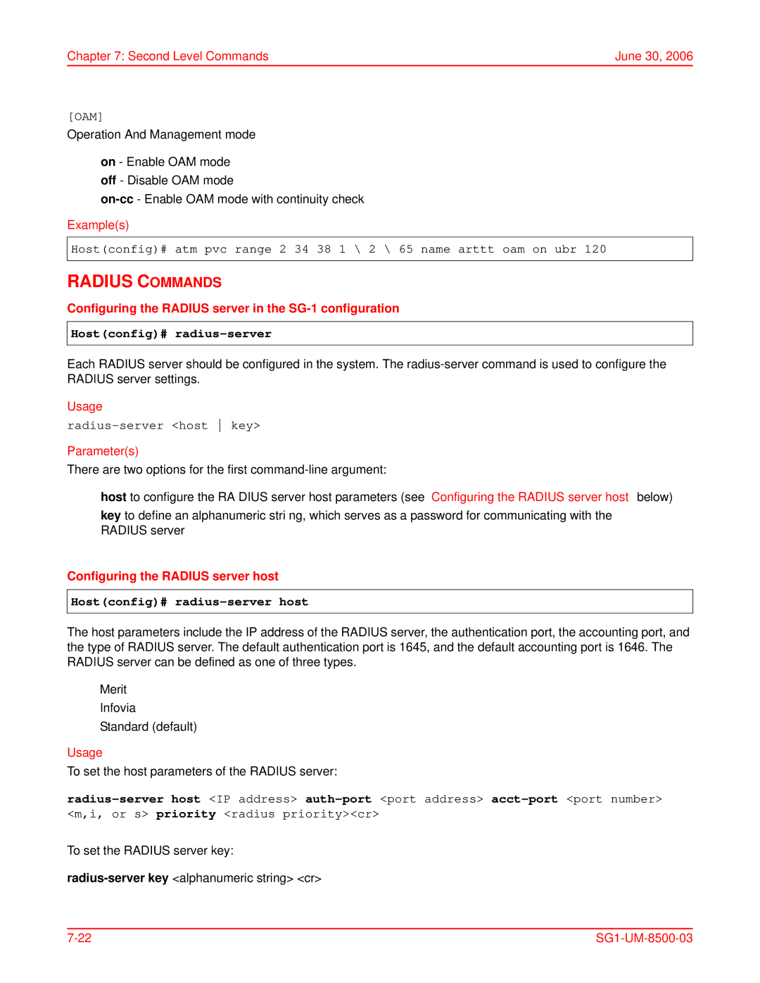 ADC Configuring the Radius server in the SG-1 configuration, Hostconfig# radius-server, Radius-server host key 