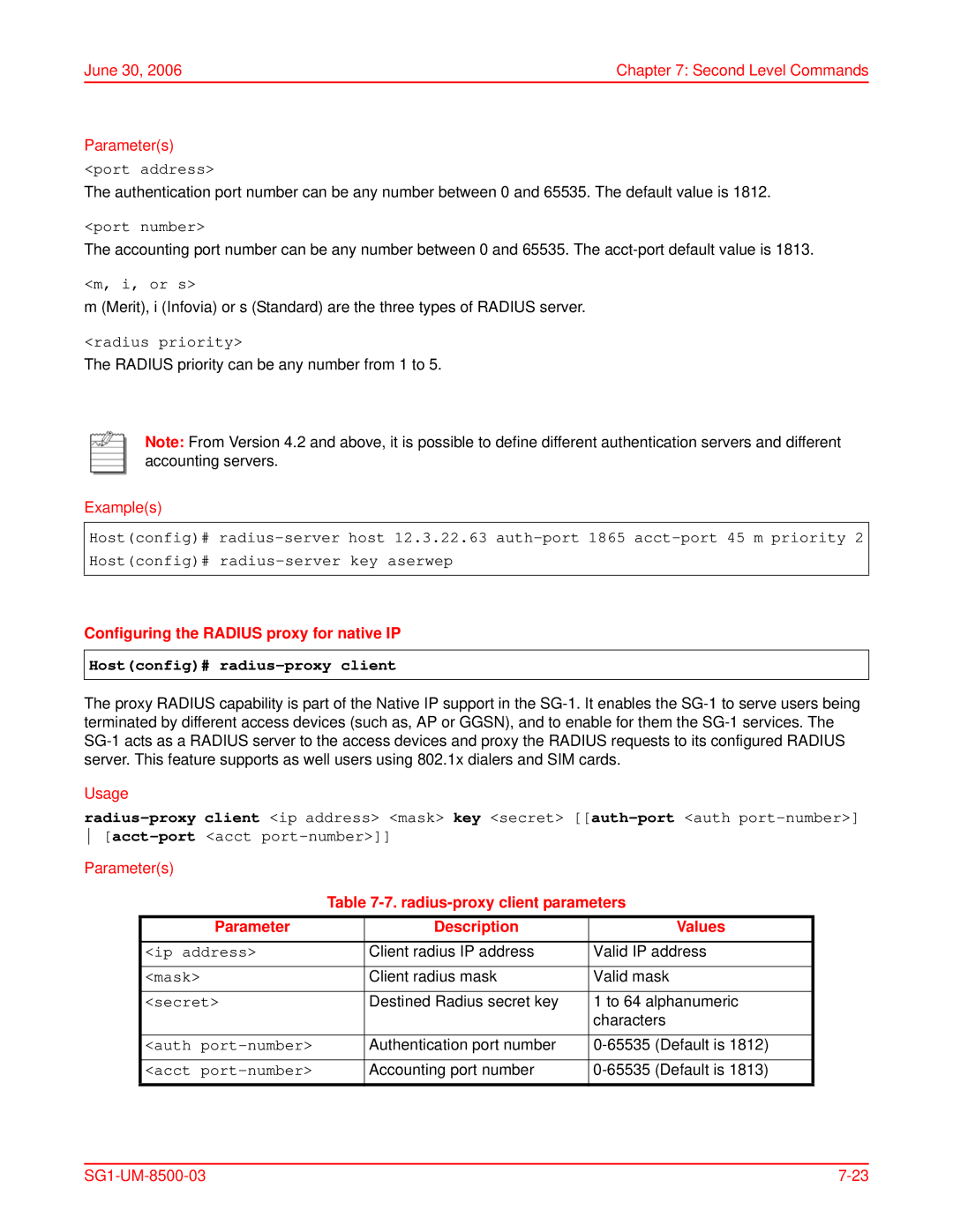 ADC SG-1 user manual Configuring the Radius proxy for native IP, Hostconfig# radius-proxy client 