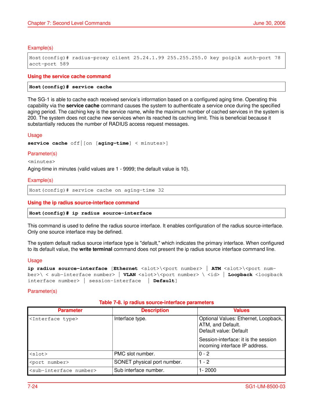 ADC SG-1 user manual Using the service cache command, Hostconfig# service cache, Service cache offon aging-time minutes 