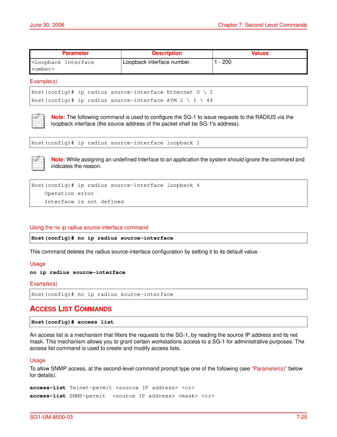 ADC SG-1 user manual Access List Commands, Hostconfig# no ip radius source-interface, No ip radius source-interface 