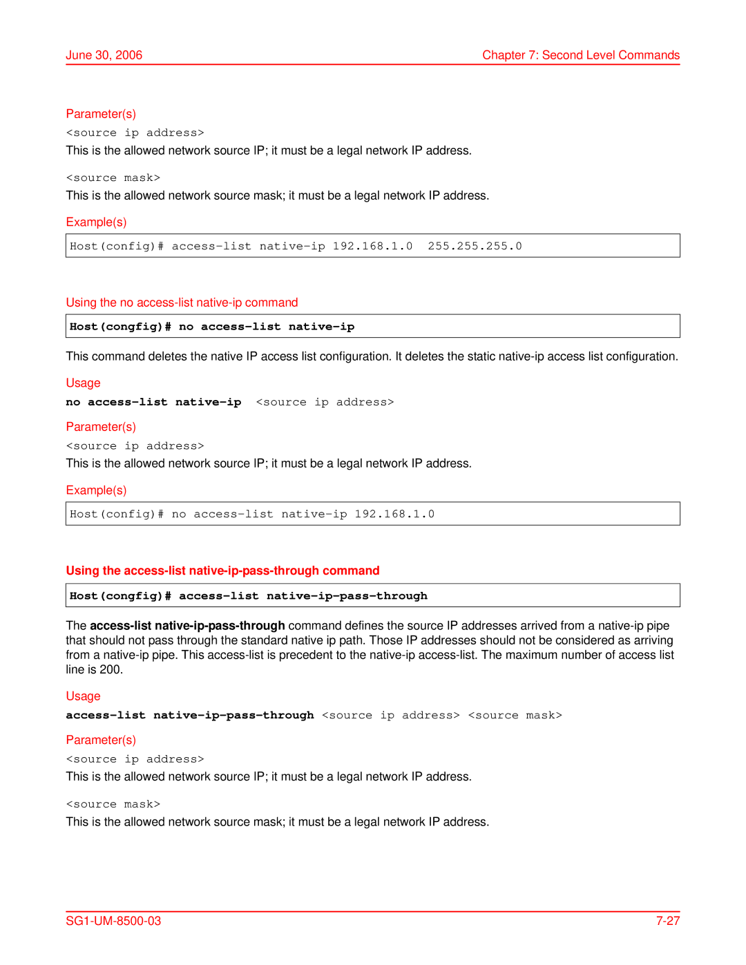 ADC SG-1 user manual Hostcongfig# no access-list native-ip, No access-list native-ip source ip address 