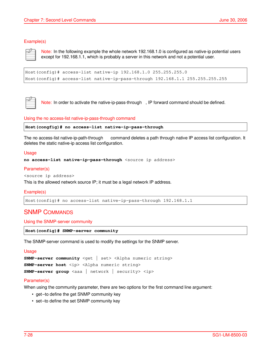 ADC SG-1 user manual Snmp Commands, Hostcongfig# no access-list native-ip-pass-through, Using the SNMP-server community 