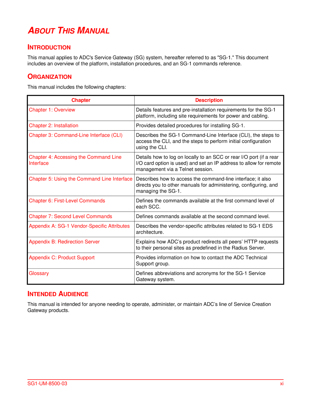 ADC SG-1 user manual Introduction, Organization, Intended Audience, Chapter Description 