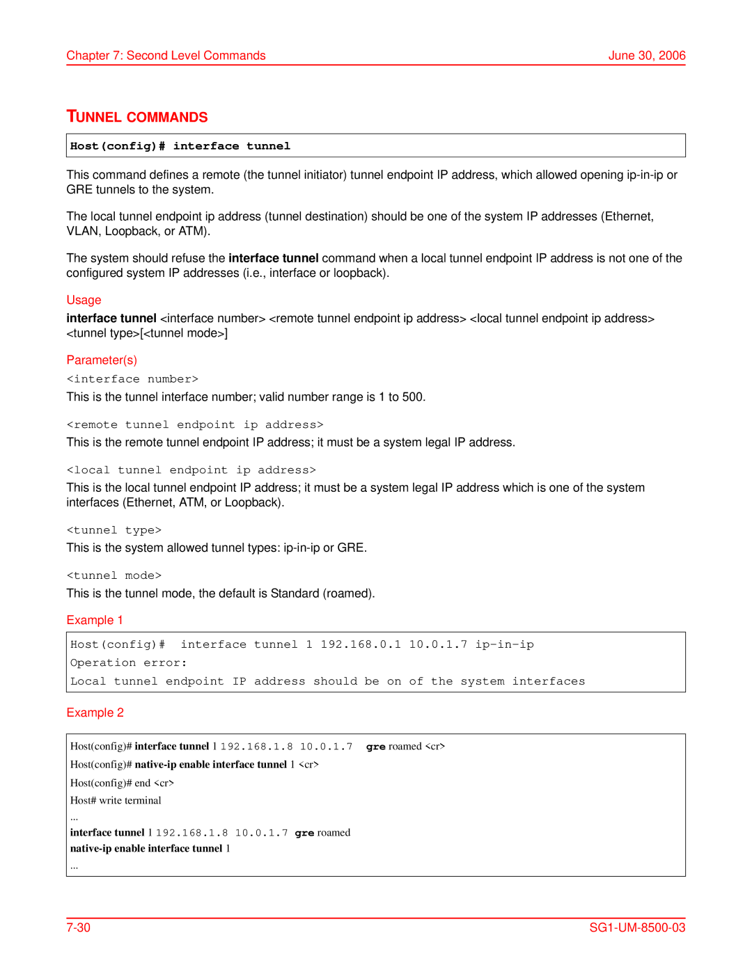 ADC SG-1 user manual Tunnel Commands, Hostconfig# interface tunnel 