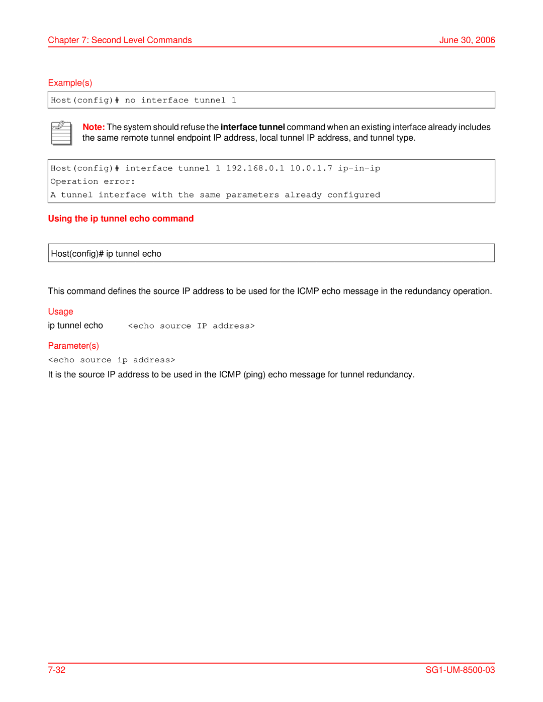 ADC SG-1 user manual Using the ip tunnel echo command, Hostconfig# ip tunnel echo, Ip tunnel echo echo source IP address 