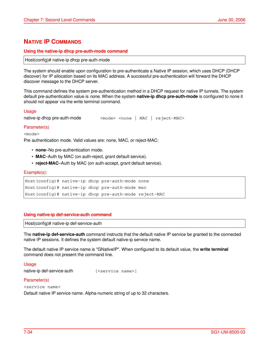 ADC SG-1 user manual Native IP Commands, Hostconfig# native-ip dhcp pre-auth-mode, Hostconfig# native-ip def-service-auth 