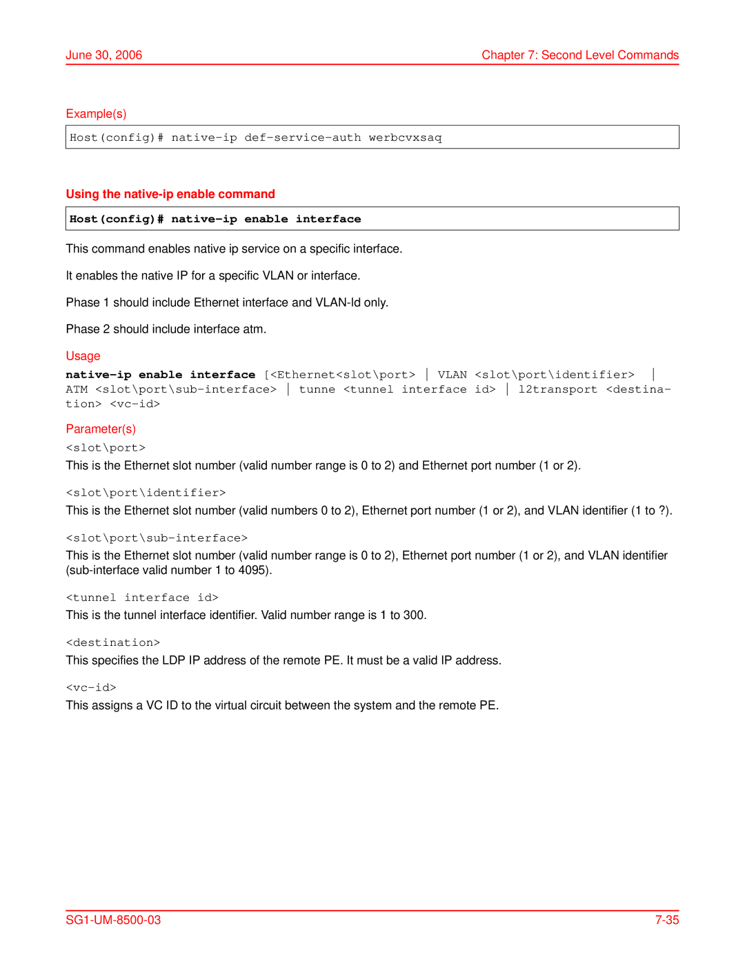 ADC SG-1 user manual Using the native-ip enable command, Hostconfig# native-ip enable interface 