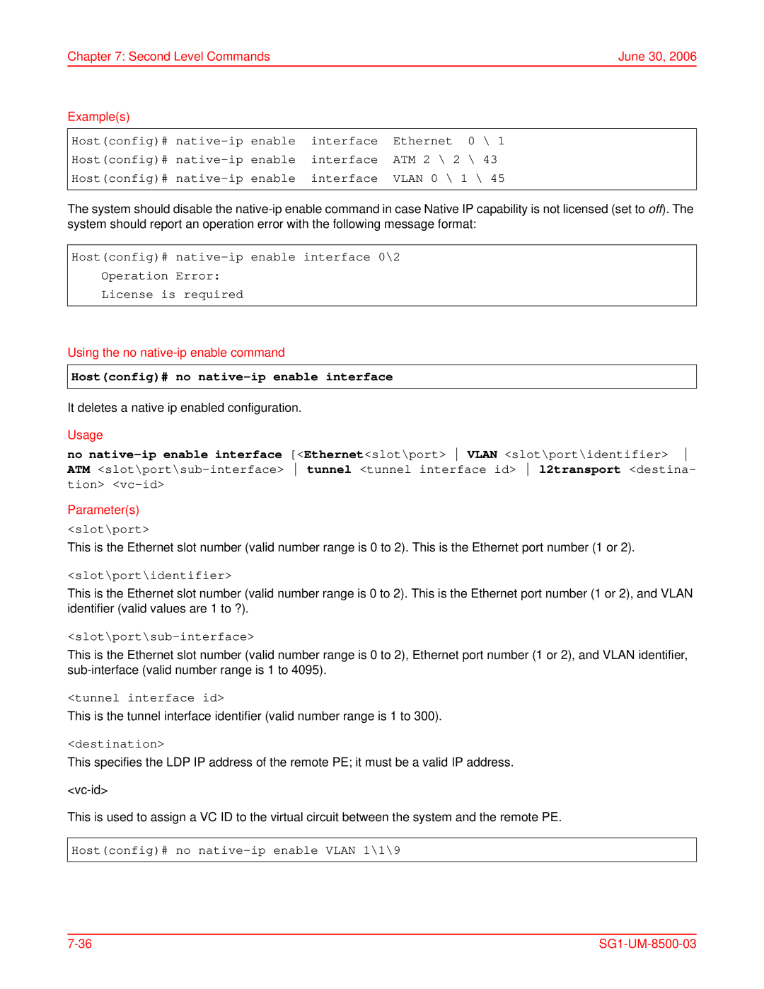 ADC SG-1 user manual Using the no native-ip enable command, Hostconfig# no native-ip enable interface 