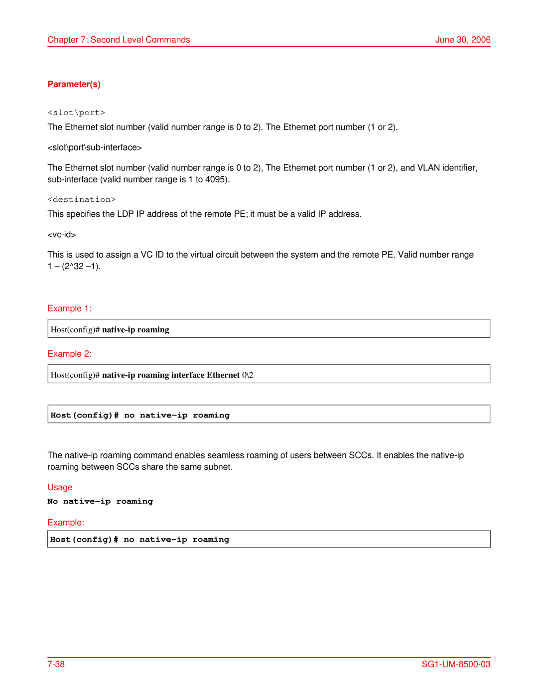 ADC SG-1 user manual Hostconfig# no native-ip roaming, No native-ip roaming 