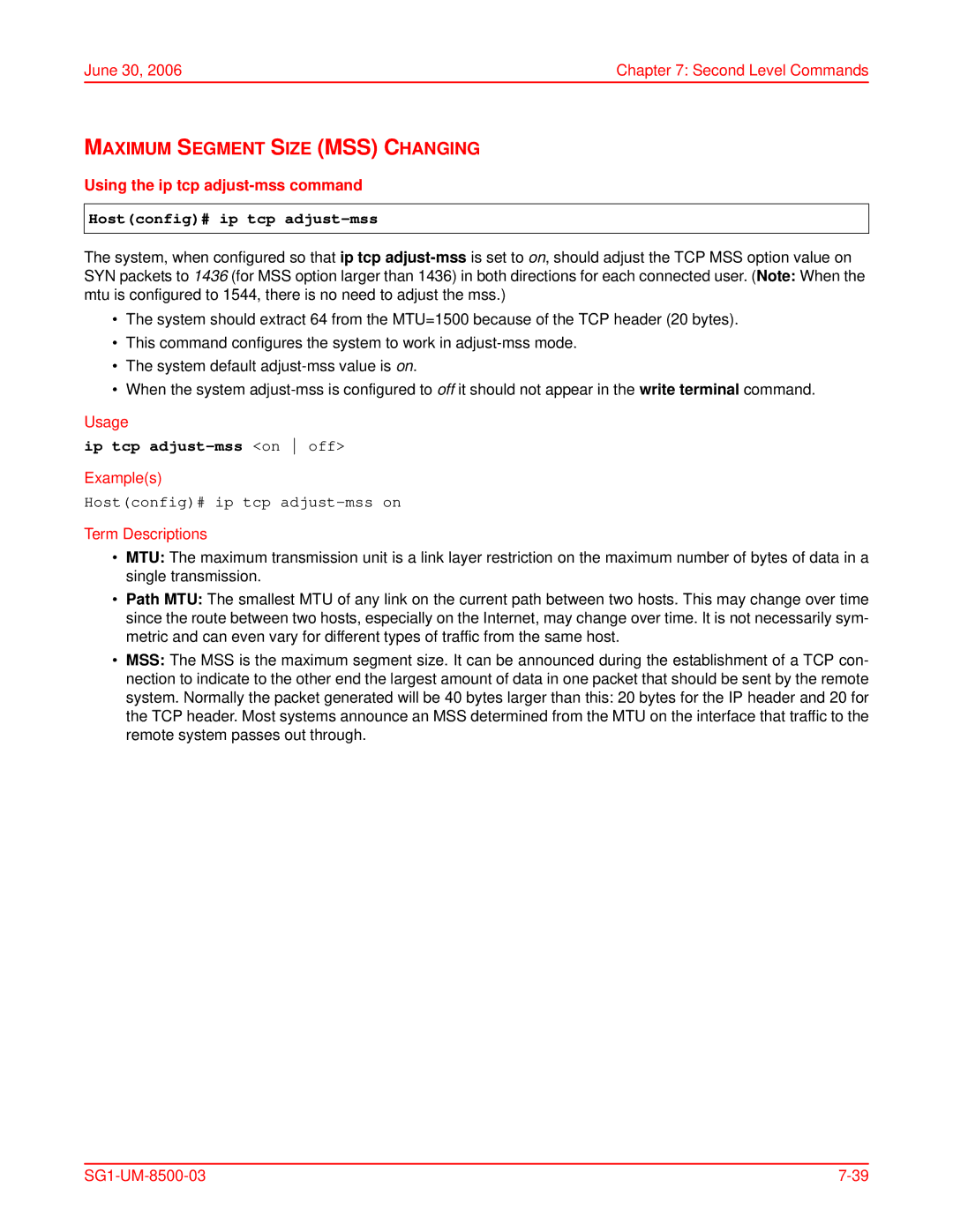 ADC SG-1 user manual Maximum Segment Size MSS Changing, Using the ip tcp adjust-mss command, Hostconfig# ip tcp adjust-mss 