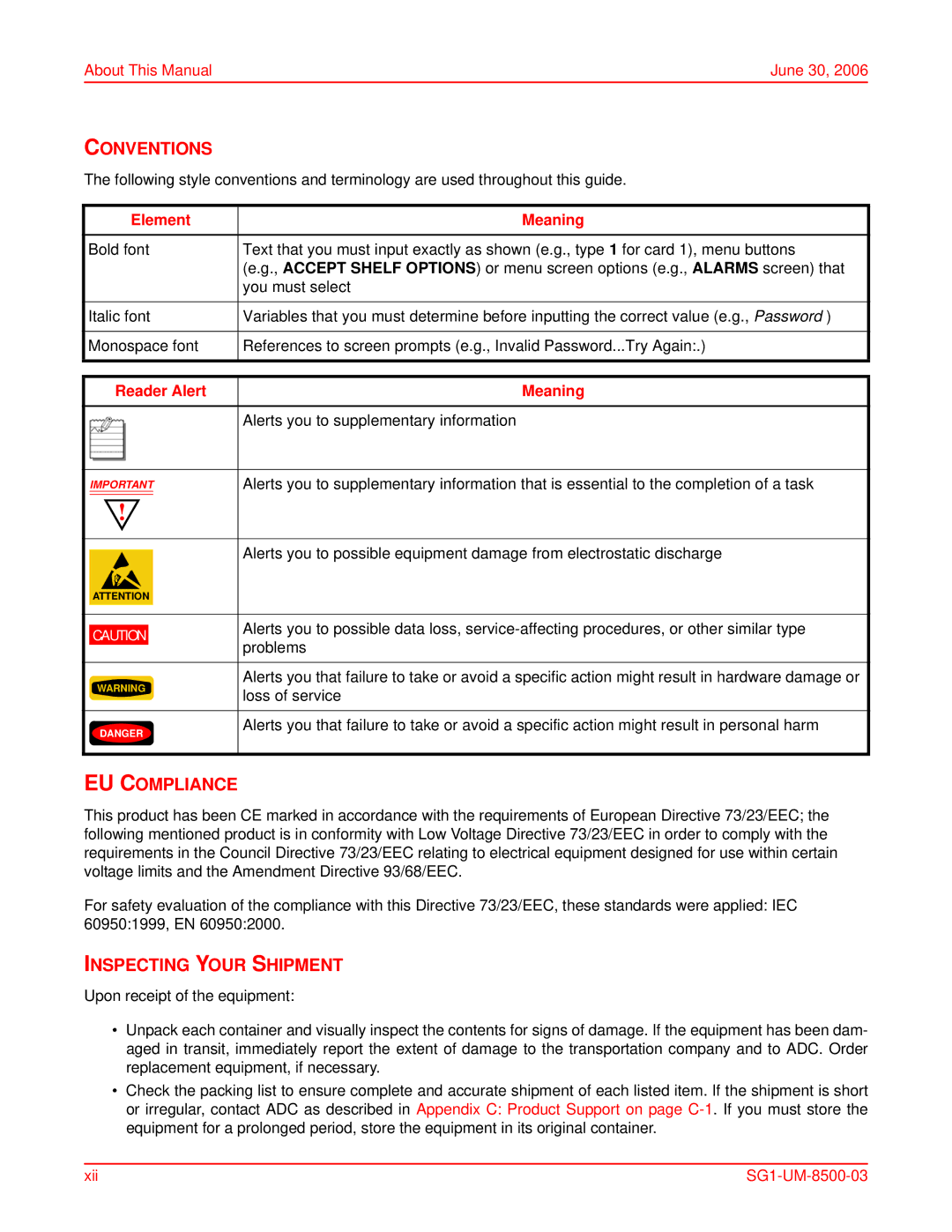 ADC SG-1 user manual Conventions, EU Compliance, Inspecting Your Shipment, Element Meaning, Reader Alert Meaning 