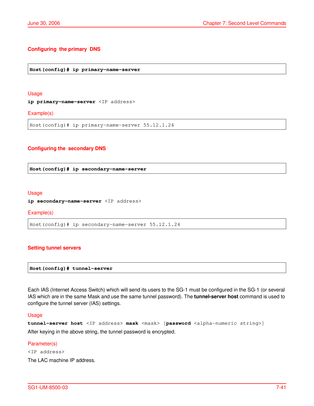 ADC SG-1 Hostconfig# ip primary-name-server, Ip primary-name-server IP address, Hostconfig# ip secondary-name-server 