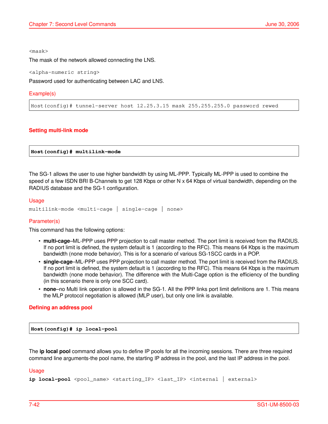 ADC SG-1 Setting multi-link mode, Hostconfig# multilink-mode, Defining an address pool, Hostconfig# ip local-pool 