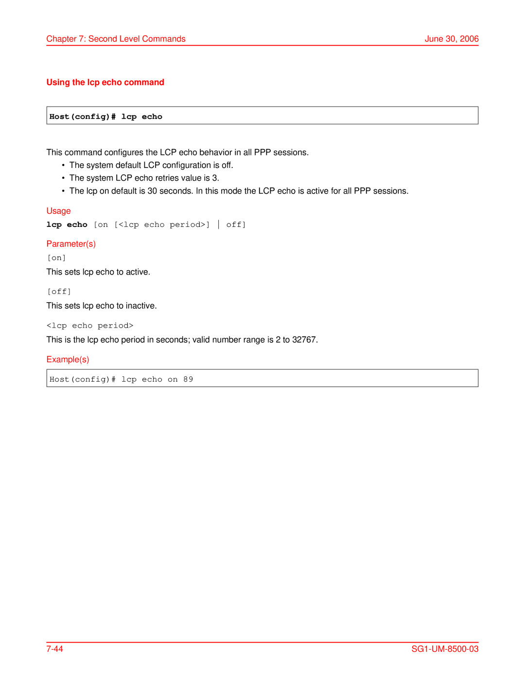 ADC SG-1 user manual Using the lcp echo command, Hostconfig# lcp echo 