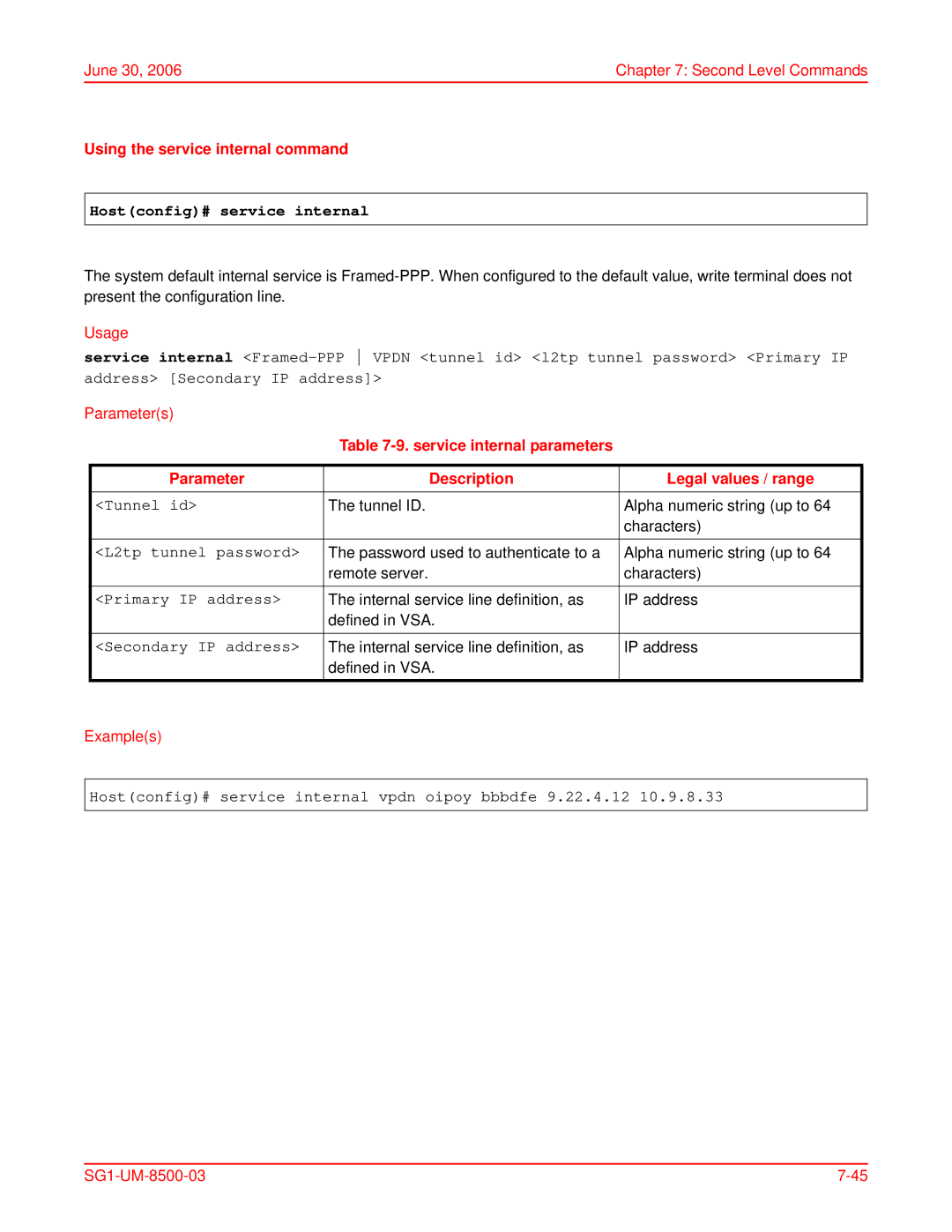 ADC SG-1 user manual Using the service internal command, Hostconfig# service internal 