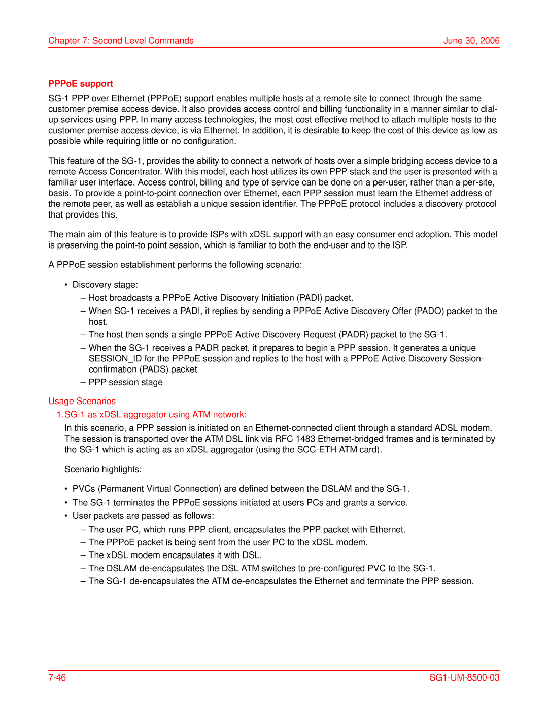 ADC user manual PPPoE support, Usage Scenarios SG-1 as xDSL aggregator using ATM network 