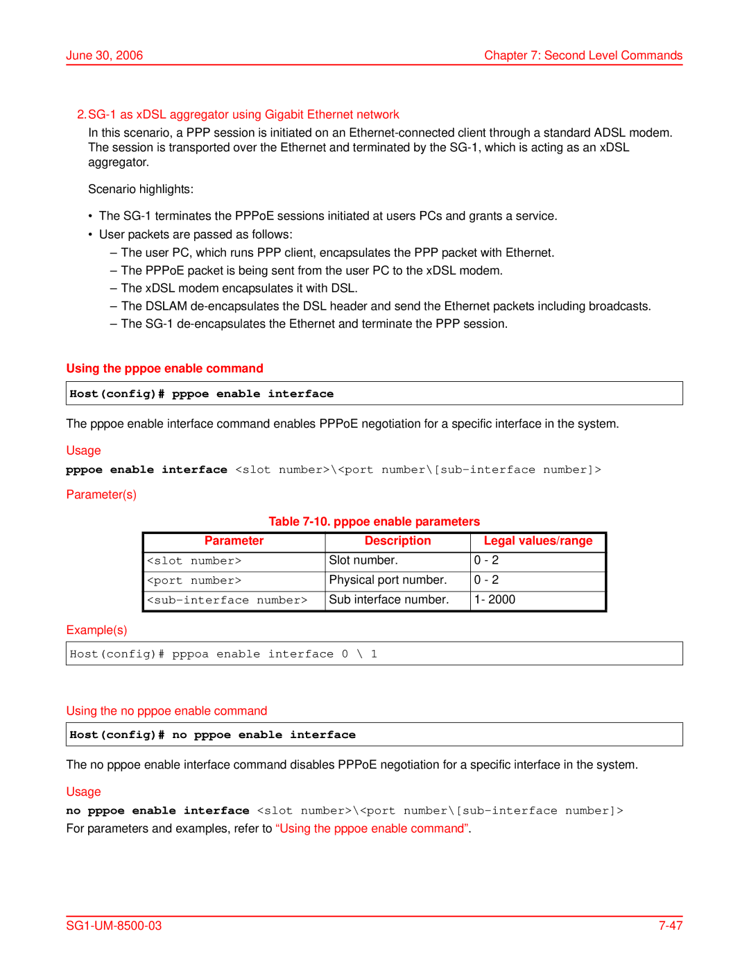 ADC SG-1 user manual Using the pppoe enable command, Hostconfig# pppoe enable interface, Using the no pppoe enable command 