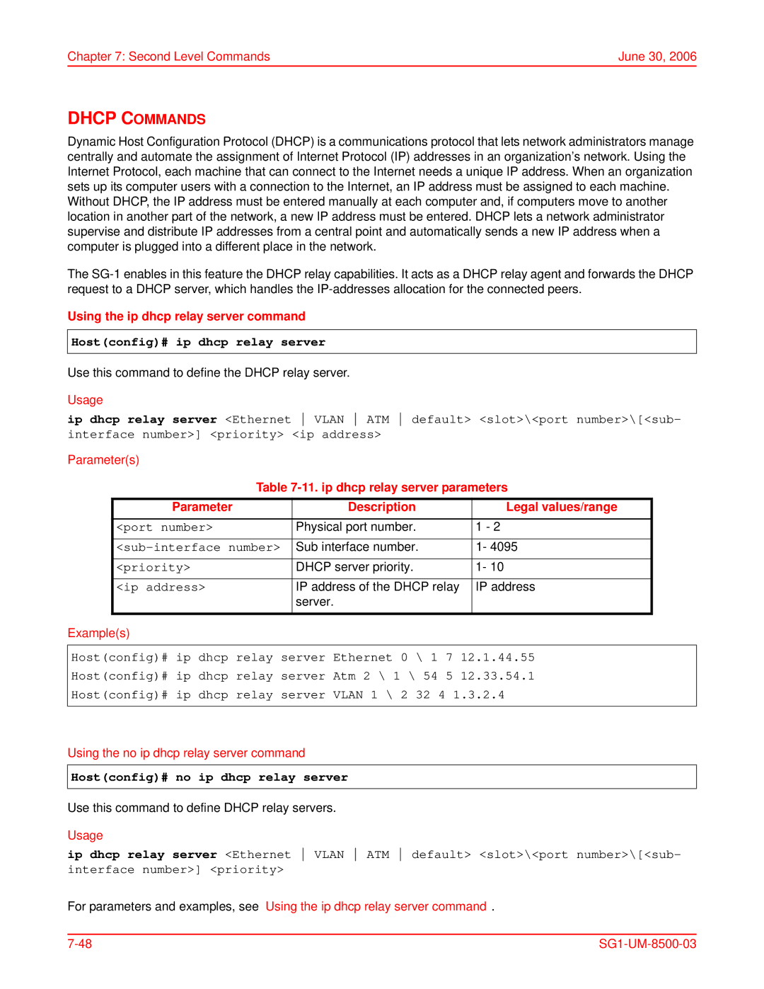 ADC SG-1 user manual Dhcp Commands, Using the ip dhcp relay server command, Hostconfig# ip dhcp relay server 