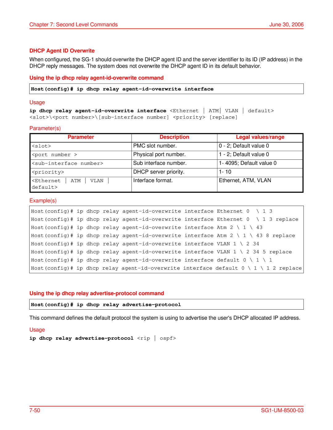 ADC SG-1 user manual Hostconfig# ip dhcp relay agent-id-overwrite interface, Hostconfig# ip dhcp relay advertise-protocol 