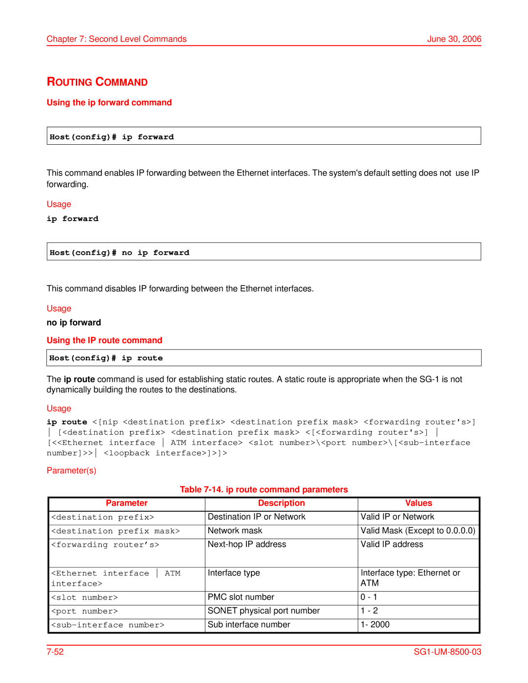 ADC SG-1 user manual Routing Command, Hostconfig# ip forward, Ip forward Hostconfig# no ip forward, Hostconfig# ip route 