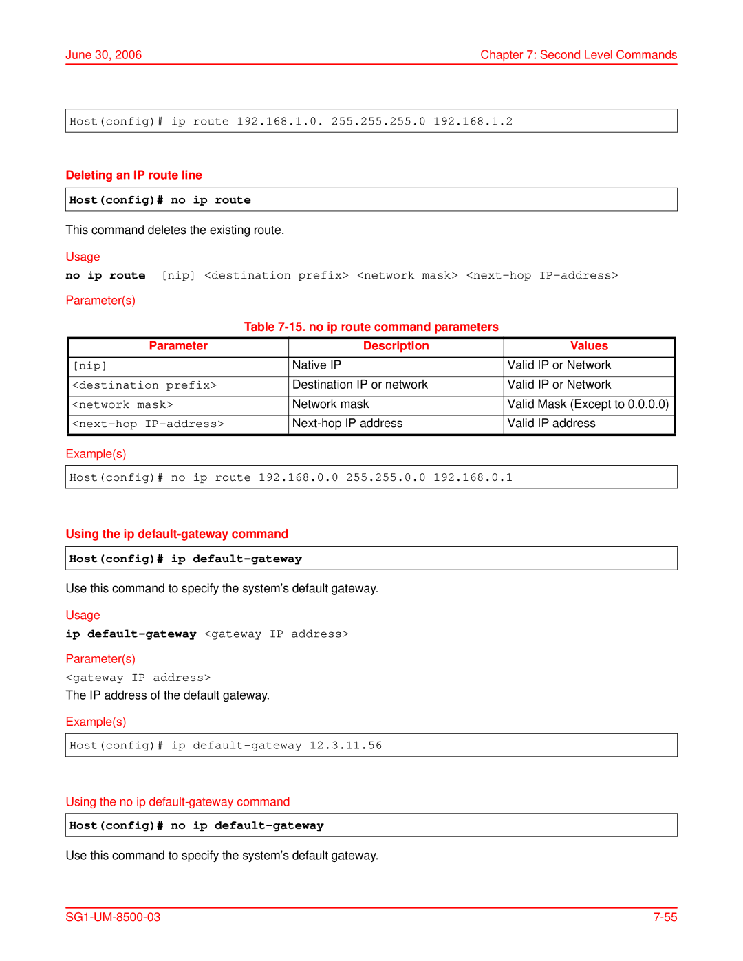 ADC SG-1 user manual Deleting an IP route line, Hostconfig# no ip route, Using the ip default-gateway command 