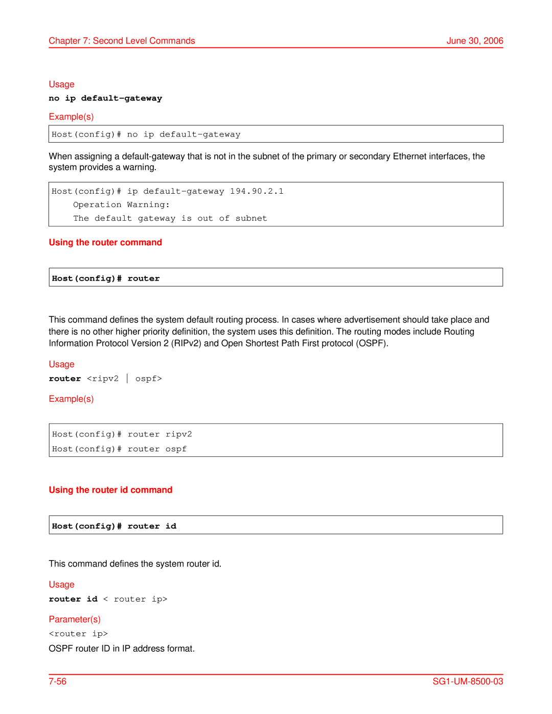 ADC SG-1 user manual No ip default-gateway, Using the router command, Hostconfig# router, Using the router id command 