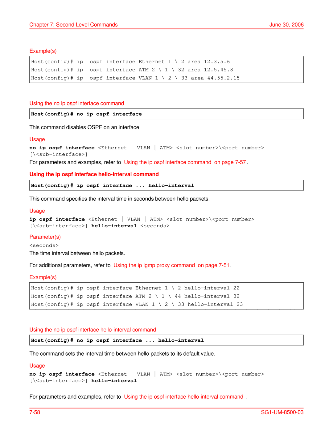 ADC SG-1 user manual Hostconfig# no ip ospf interface, Using the ip ospf interface hello-interval command 