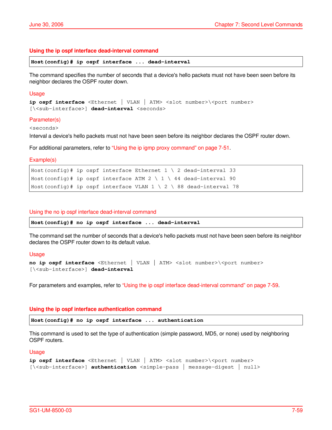 ADC SG-1 user manual Using the ip ospf interface dead-interval command, Hostconfig# ip ospf interface ... dead-interval 