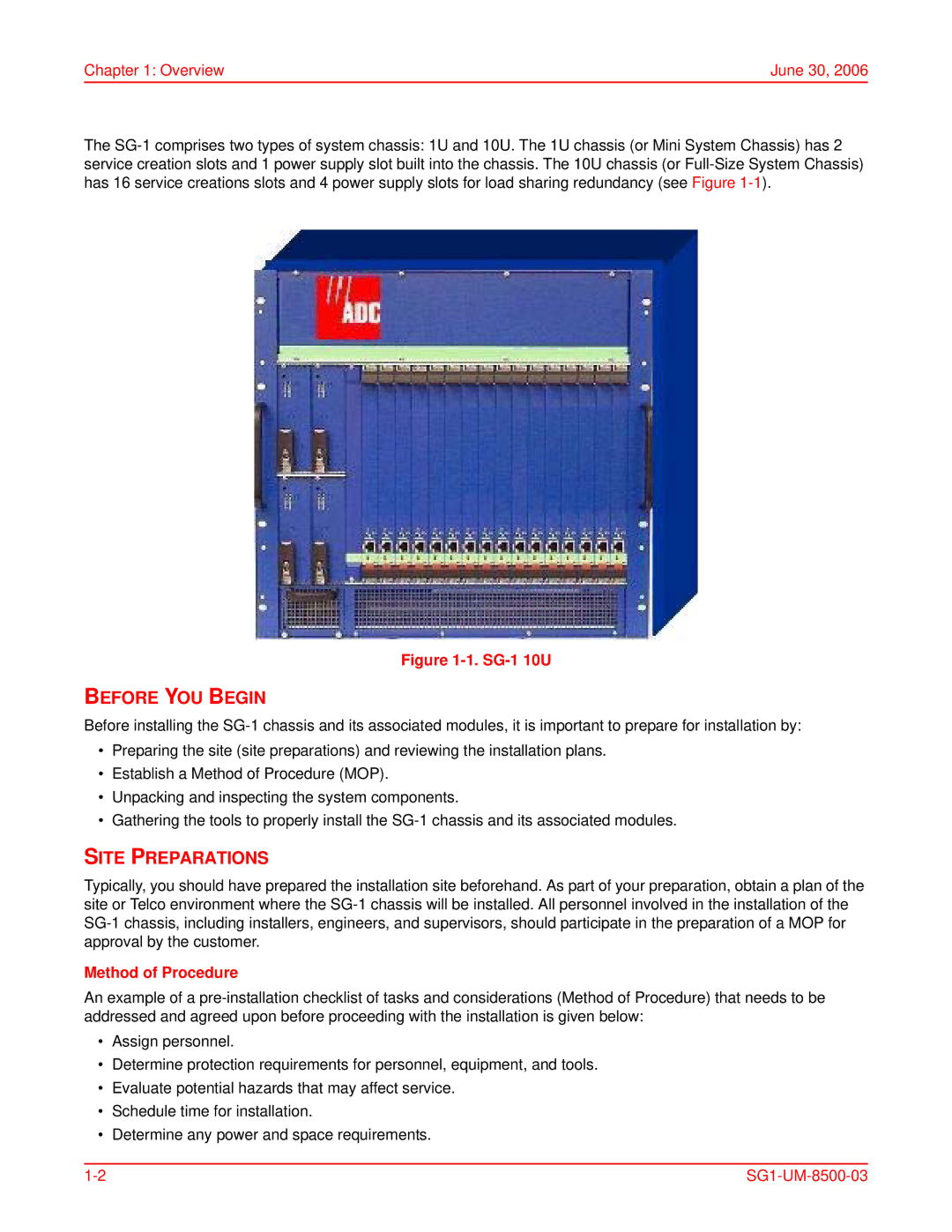 ADC SG-1 user manual Before YOU Begin, Site Preparations, Overview June 30, Method of Procedure 