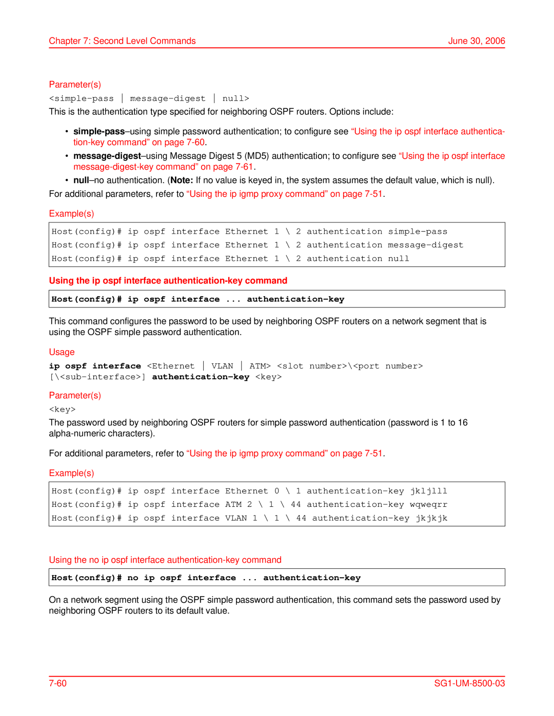 ADC SG-1 user manual Simple-pass message-digest null, Using the ip ospf interface authentication-key command, Key 