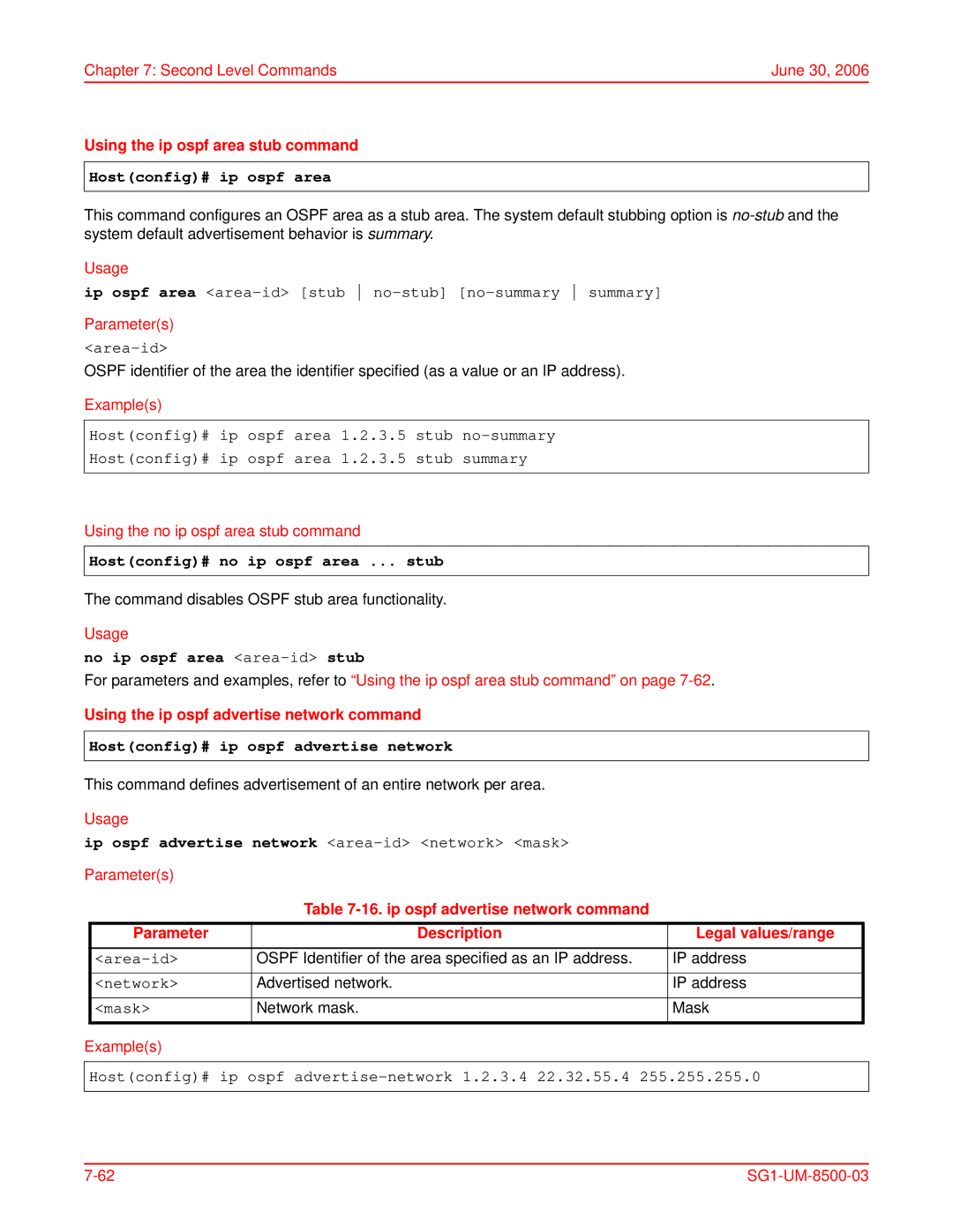 ADC SG-1 user manual Hostconfig# ip ospf area, Hostconfig# no ip ospf area ... stub, No ip ospf area area-idstub 