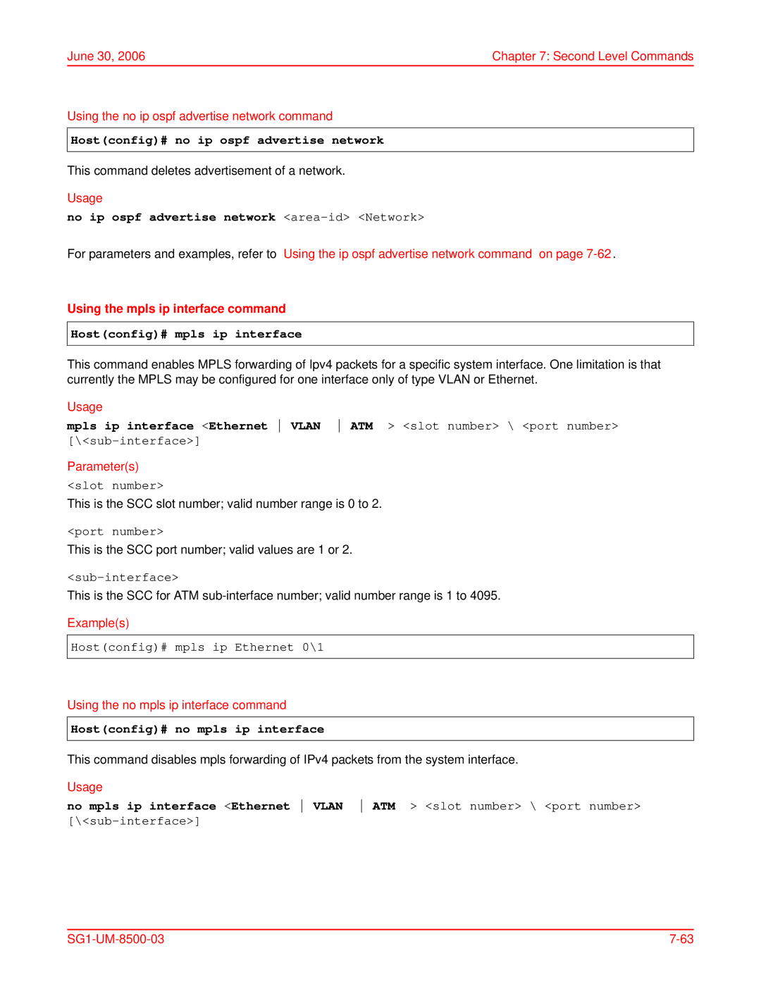 ADC SG-1 user manual Hostconfig# no ip ospf advertise network, No ip ospf advertise network area-id Network 