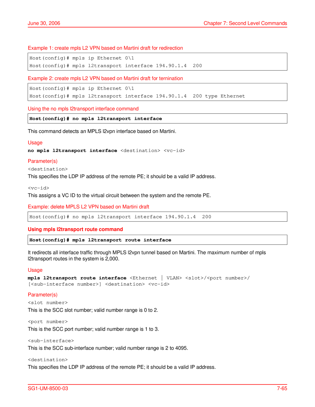 ADC SG-1 user manual Hostconfig# no mpls l2transport interface, No mpls l2transport interface destination vc-id 