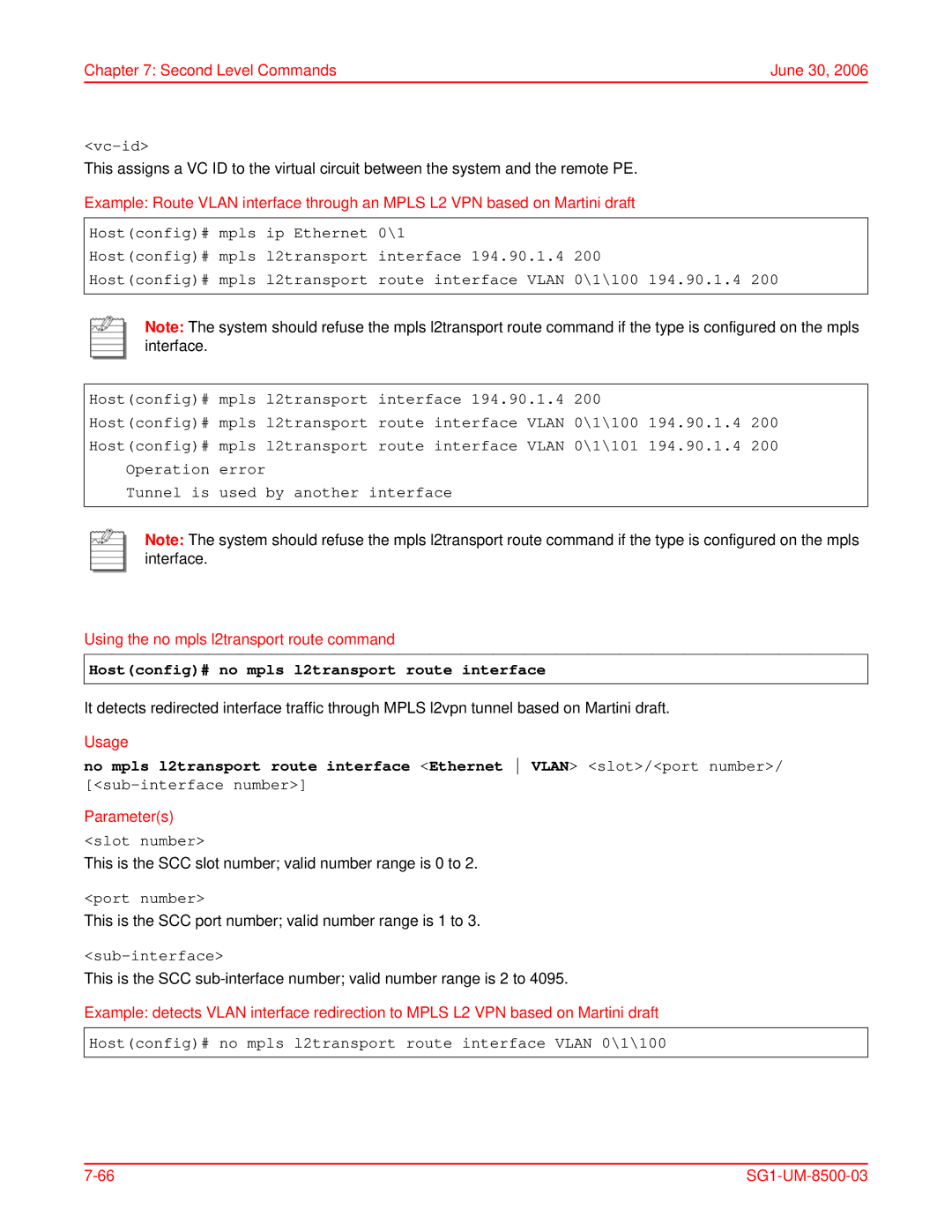 ADC SG-1 user manual Using the no mpls l2transport route command, Hostconfig# no mpls l2transport route interface 