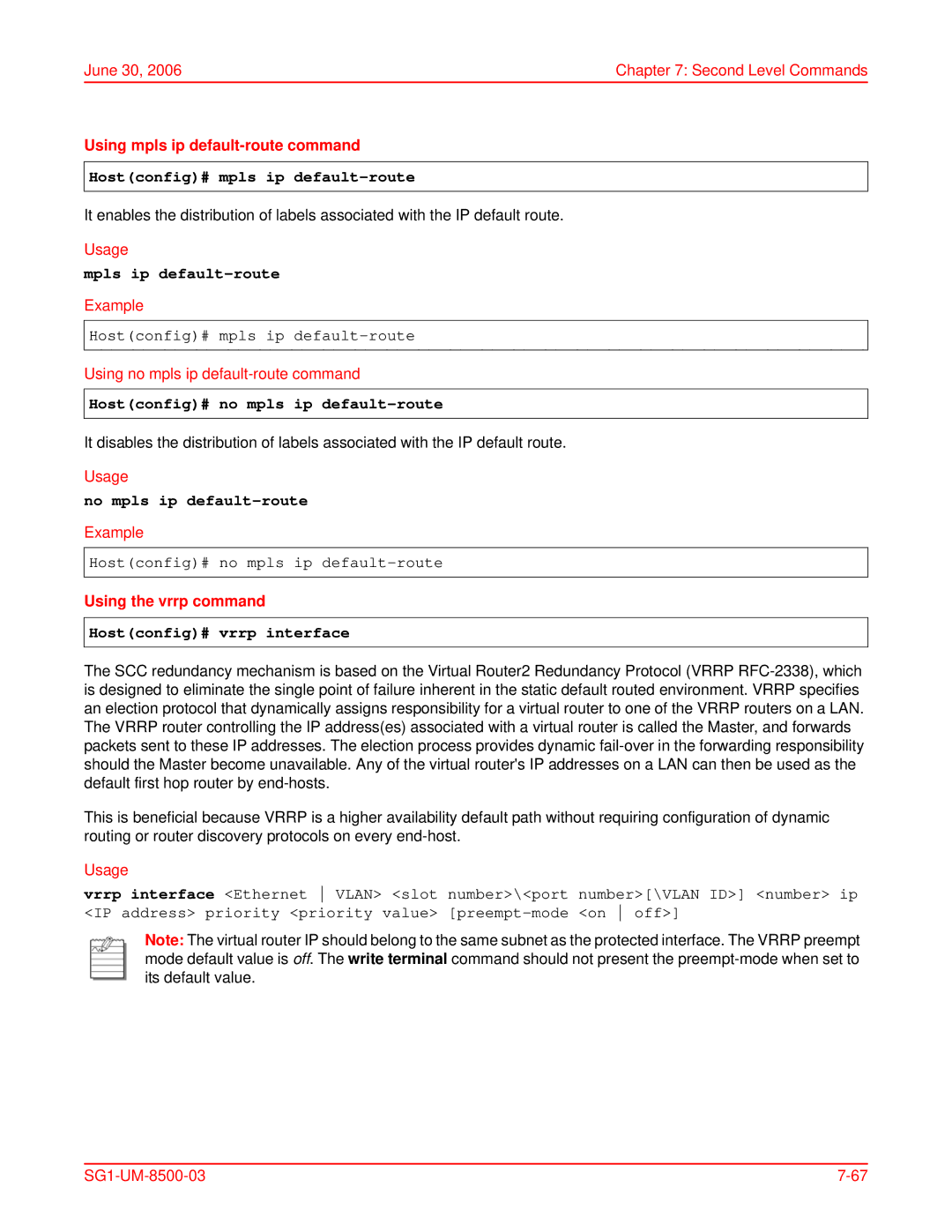 ADC SG-1 user manual Hostconfig# mpls ip default-route, Mpls ip default-route, Hostconfig# no mpls ip default-route 