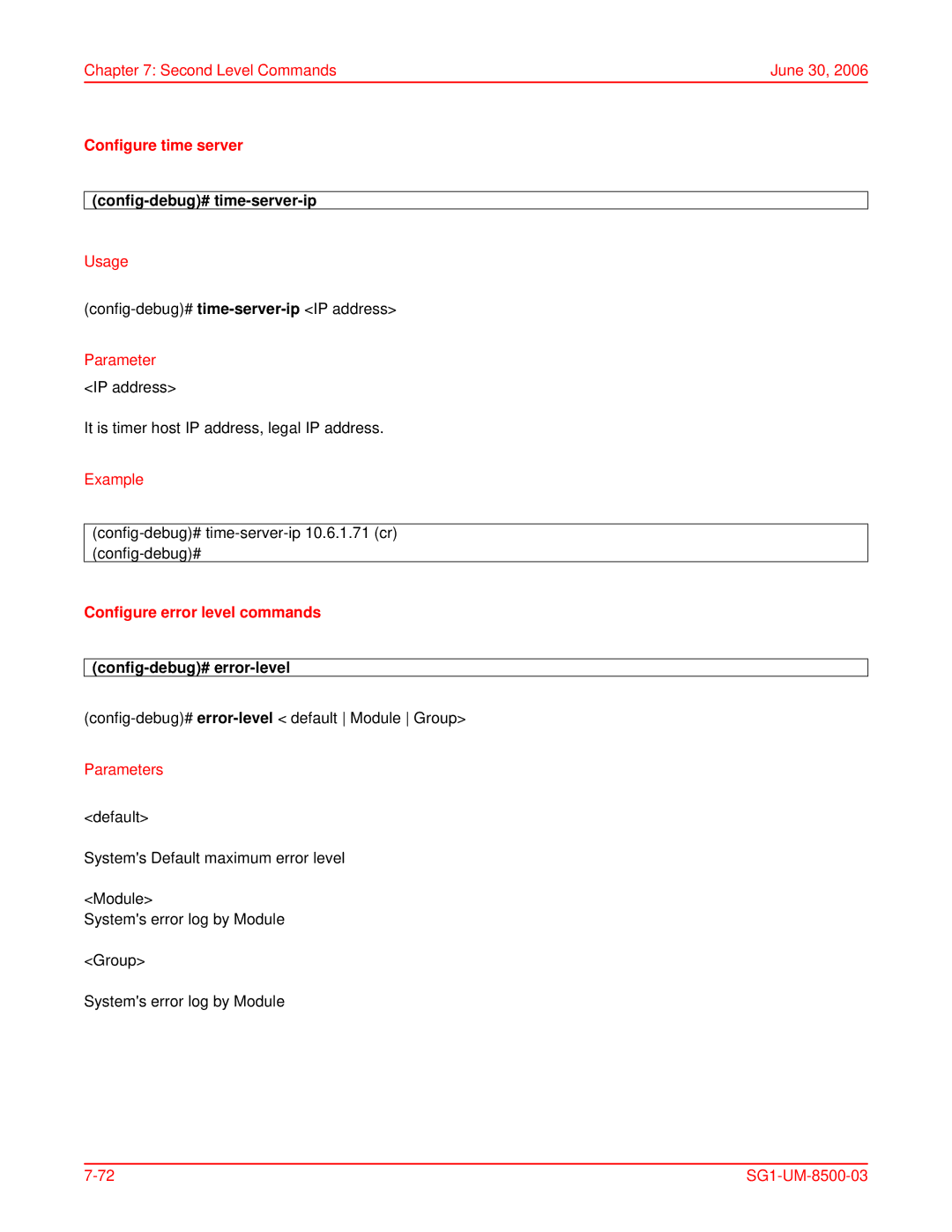 ADC SG-1 Configure time server, Config-debug# time-server-ip, Parameter IP address, Configure error level commands 