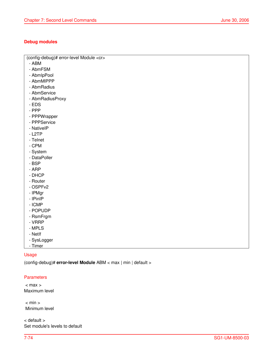 ADC SG-1 user manual Debug modules, Vrrp Mpls 