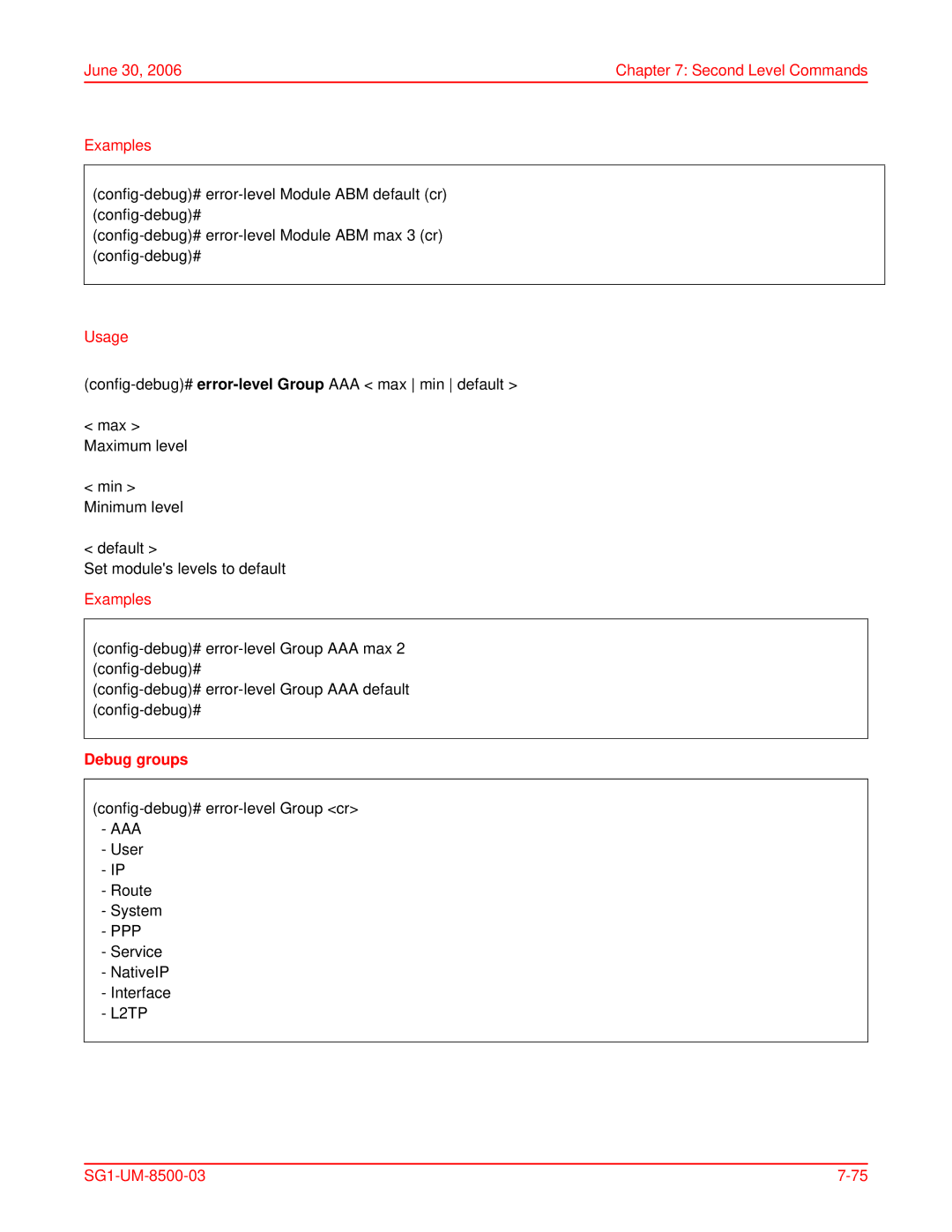 ADC SG-1 user manual June 30 Second Level Commands Examples, Debug groups 